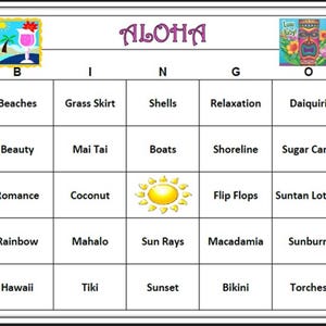 Aloha Luau Hawaiian Party Bingospel - Vier de eilanden, themafeest of afstuderen, erg leuk! Makkelijk te spelen! 30 bingokaarten verzonden