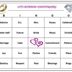 Bingospel 10e verjaardag feest om liefde en huwelijk te vieren, leuk voor alle leeftijden! Downloaden, afdrukken en spelen! Inclusief 30 bingokaarten
