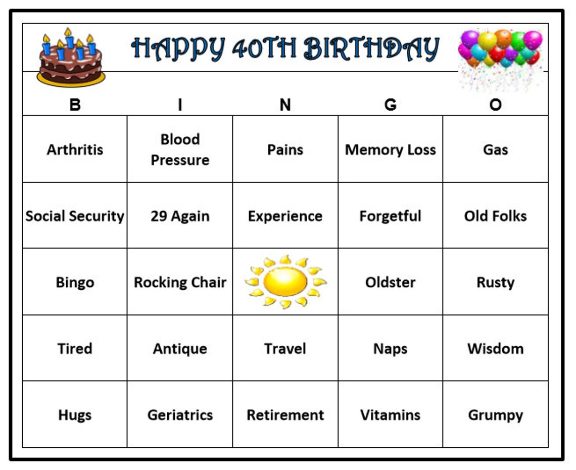 40th Birthday Party Bingo Game 30 Cards Old Age Theme Bingo - Etsy