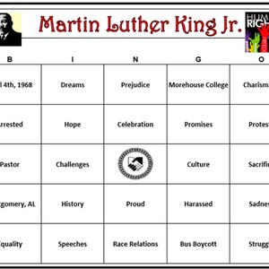 Martin Luther King Jr. Bingo: historisch spel over MLK, ideaal voor klassikaal spel. Erg leuk! Downloaden, afdrukken en spelen! 30 kaarten verzonden