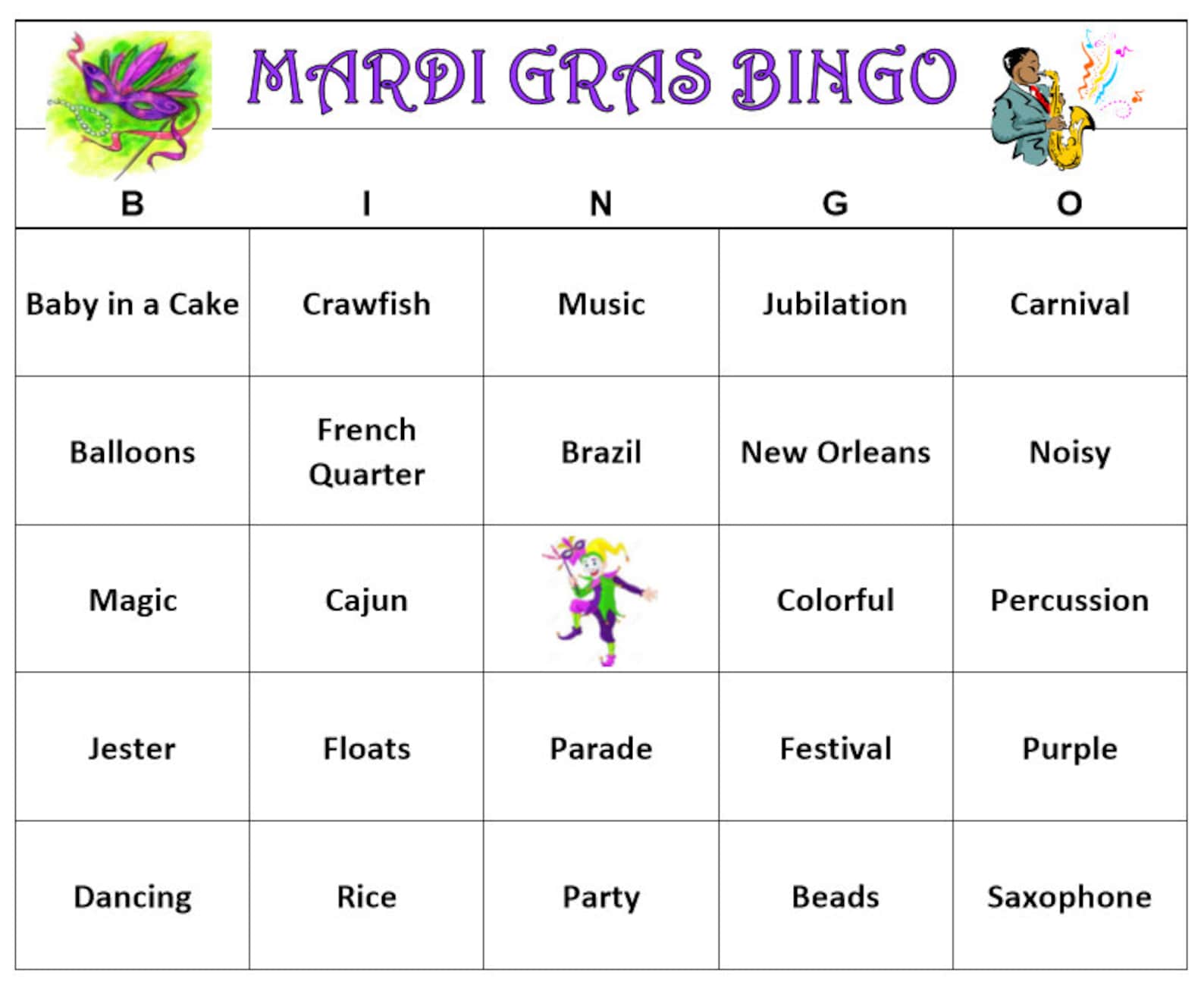 Mardi Gras Party Bingo Game 60 Cards Carnivale Bingo Words kid Friendly