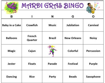 Mardi Gras Party Bingo Game (30 Cards) Carnivale Bingo Words -Kid Friendly Version Very Fun! Print and Play! Digital File