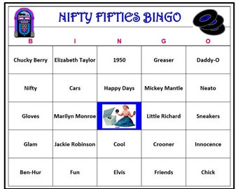 Fifties Birthday Party Bingo-1950s Pop Culture, Fun Happy Days Party Game, Download Print and Play! 30 Bingo Cards