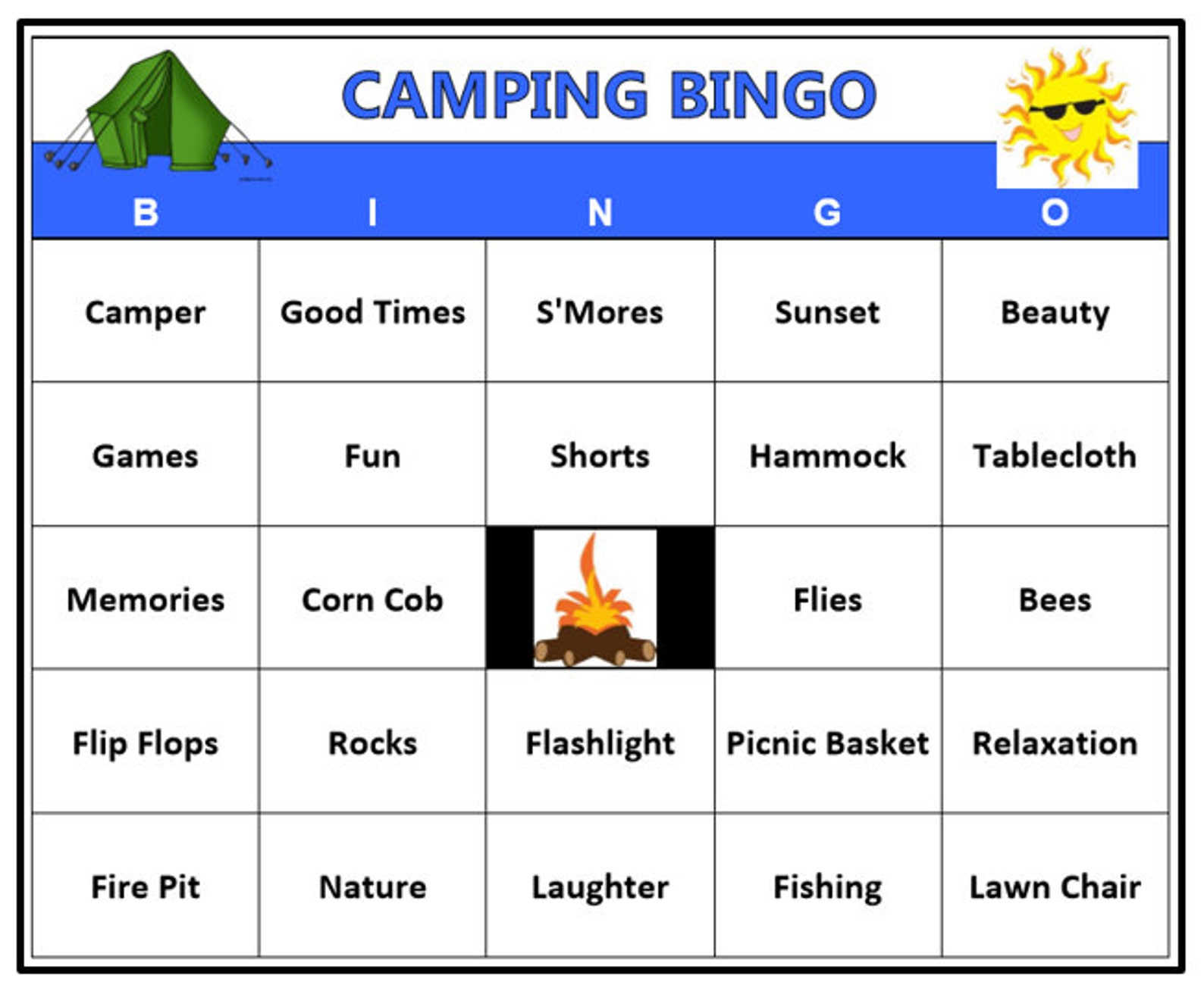 Camping Bingo Game 60 Cards Camping Outdoors Theme Bingo Words very Fun ...