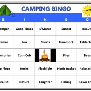 Jogo de bingo para acampamento - diversão em família ao ar livre enquanto acampa ou faz um churrasco. 60 cartas, baixe, imprima e jogue!
