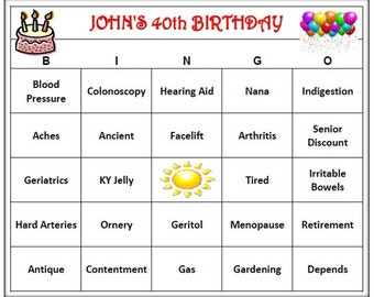 Personalized 40th Birthday Party Bingo Game -Funny Age Themed Bingo Words,  Very Fun!