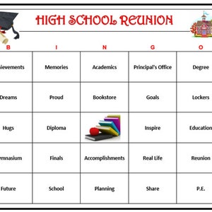 High School Reunion Bingo-leuk mixspel, downloaden, afdrukken en spelen! 60 bingokaarten