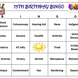 Bingo amusant pour son 75e anniversaire : célébrez le vieillissement en riant, téléchargez, imprimez et jouez ! 30 cartes uniques