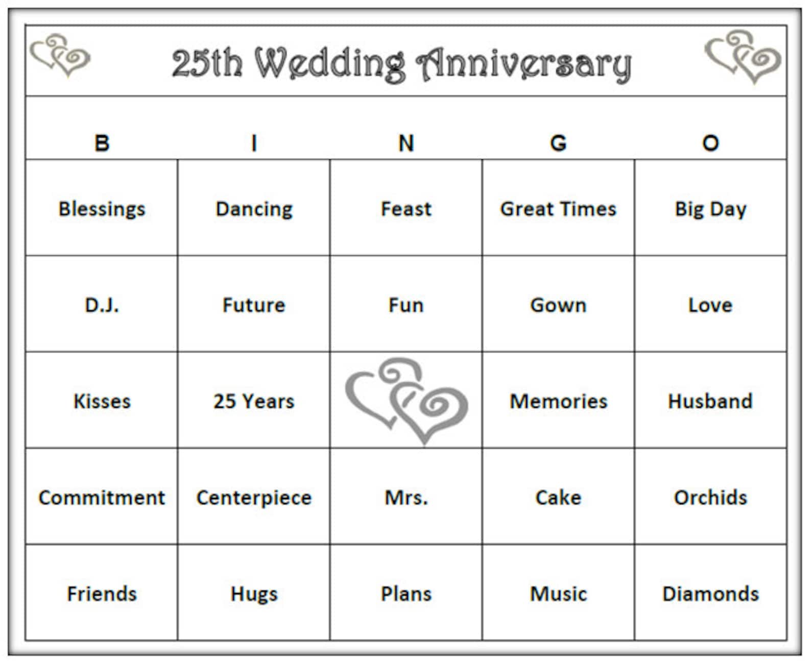 25th Anniversary Party Bingo Game Celebrate Love and Marriage, Silver