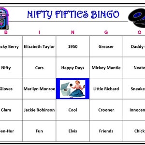 1950er Jahre Party Bingo-Happy Days Spiel, 50er Jahre Popkultur, Musik.  Spaß und einfach zu spielen! Herunterladen, drucken und spielen! 60 Bingo Karten