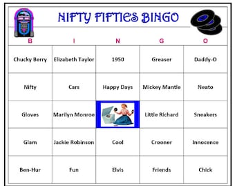 1950s Fifties Party Bingo-Happy Days Game, 50s Pop Culture, Music.  Fun and Easy to Play! Download, Print and Play! 60 Bingo Cards