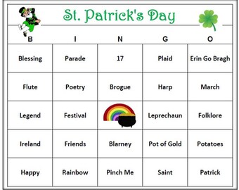 St. Patrick&#39;s Day Bingo-Irish Party Game, Leprechauns, pot of gold, Very Fun! Print and Play! 60 Bingo Cards
