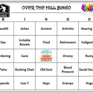 Hilarious &#39;Over the Hill&#39; Bingo Game for Adult Birthdays - Perfect for Milestone Birthday Celebration, 30 Unique Cards! Print and Play!