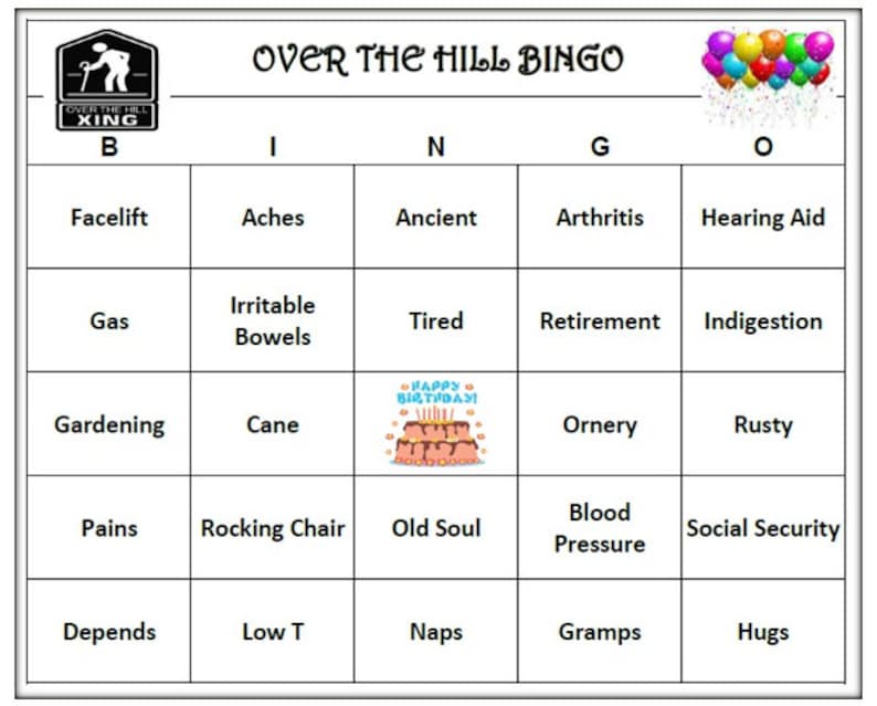 Over the Hill Birthday Party Bingo Game 60 Cards Old Age Theme Bingo