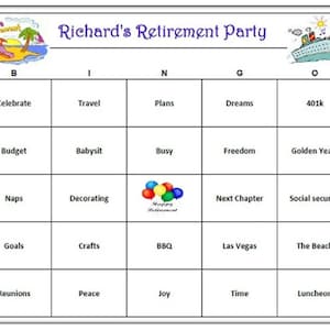 Bingospel voor pensioenfeest, vier een speciaal gepensioneerde - erg leuk! Downloaden, afdrukken en spelen! 30 kaarten naar jou gemaild