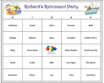 Retirement Party Bingo Game, Celebrate a Special Retiree -Very Fun! Download, Print and Play! 30 Cards Mailed to You