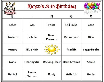 Personalized 50th Birthday Party Bingo Game - Old Age Themed Bingo Words,  Very Funny!