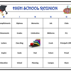 High School Reunion Bingo- Reunion Game Mixer, erg leuk en gemakkelijk te spelen! Downloaden, afdrukken en spelen! 60 bingokaarten
