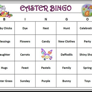 Paasfeest bingo-paasspel is familieplezier met schattige konijntjes, paasmanden en 30 kaarten die naar jou worden verzonden!