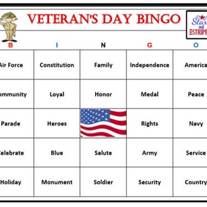 Hommage aux anciens combattants avec un jeu de bingo amusant et patriotique - Téléchargement instantané, parfait pour les réunions de famille ! 60 cartes de bingo uniques