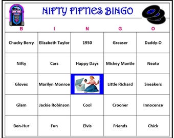1950s Fifties Party Bingo Game - 50s Pop Culture game, Music, Sports. Fun party game for 50s party. Easy to Play! - 30 Bingo Cards Mailed