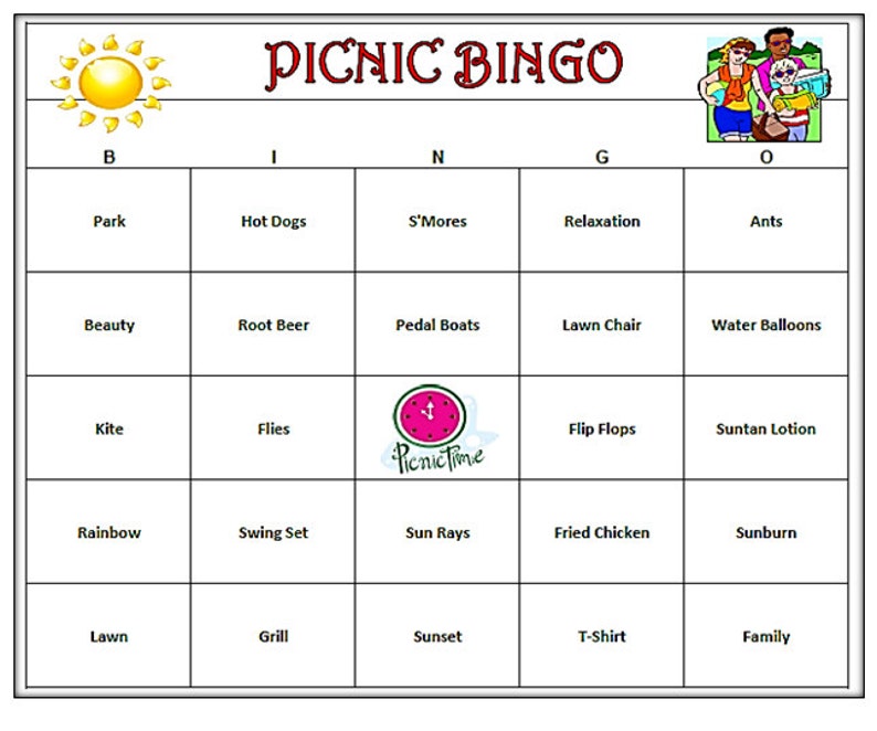 Picnic Party Bingo Game 60 Cards Picnic Theme Bingo Words Etsy