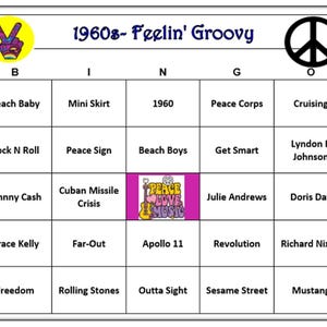 Juego de bingo con temática de cultura pop de los años 60, ambiente hippie de fiesta, música de los años 60 y jerga. Incluye 30 cartones de bingo.