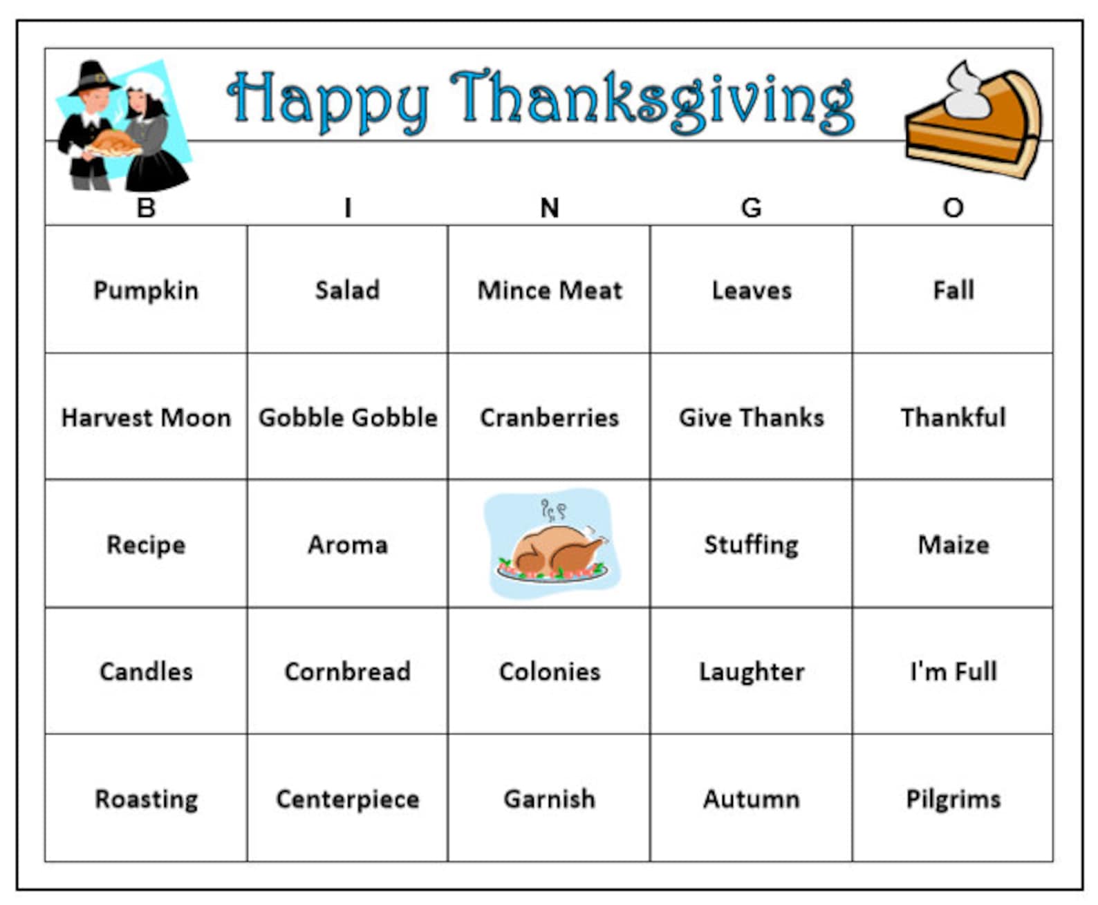 Thanksgiving Bingo Game 60 Cards Thanksgiving Bingo Words very Fun