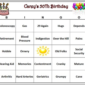 Grappige bingo 50e verjaardag - Vier het ouder worden met gelach, personaliseer titel, 30 unieke kaarten per post verzonden