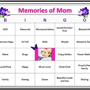 Bingo personnalisé Celebration of Life - Utilisez vos mots et votre image.  Rendez hommage et souvenez-vous avec un bingo commémoratif ! 30 cartes imprimées et envoyées par la poste.