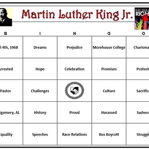 Martin Luther King Jr. Bingo: historisch spel over MLK, ideaal voor klassikaal spel. Erg leuk! Downloaden, afdrukken en spelen! 30 bingokaarten