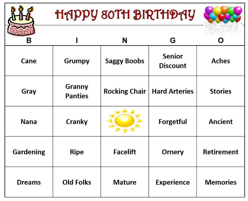 80th Birthday Party Bingo Game 60 Cards Old Age Theme Bingo Words very