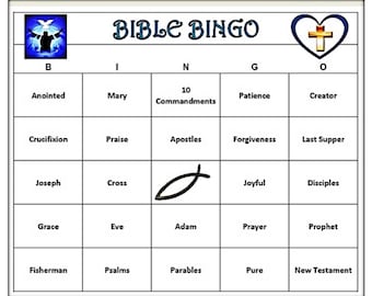 May include: A printable Bible Bingo game with a blue and white image of a dove and a cross in the top left corner. The game board has 25 squares with words related to the Bible, such as "Anointed", "Mary", "10 Commandments", "Patience", "Creator", "Crucifixion", "Praise", "Apostles", "Forgiveness", "Last Supper", "Joseph", "Cross", "Joyful", "Disciples", "Grace", "Eve", "Adam", "Prayer", "Prophet", "Fisherman", "Psalms", "Parables", "Pure", and "New Testament".