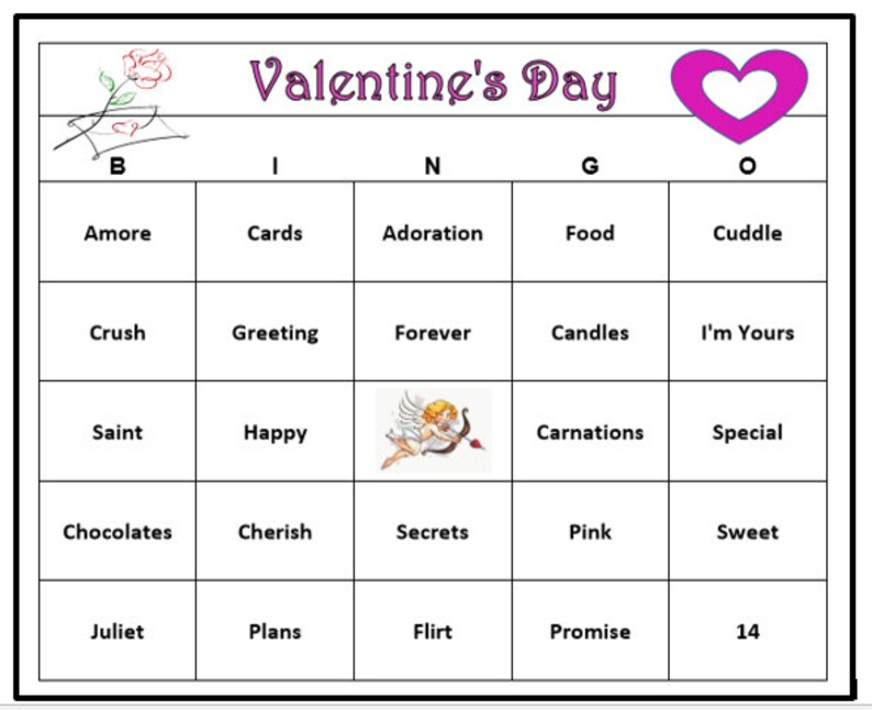 Valentines Day Party Bingo Game 60 Cards Hearts and Love Themed Bingo Words Very Fun For All Ages Print and Play image 1