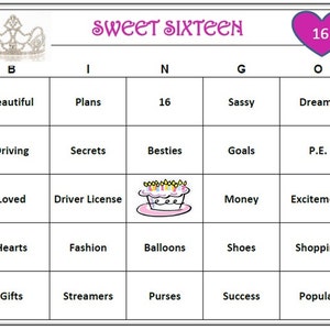 Bingospel Sweet 16th Birthday – Leuke verjaardagsfeestactiviteit voor tieners. Vier het in stijl! Downloaden, afdrukken en spelen! 60 bingokaarten