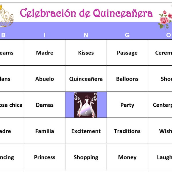 Quinceañera Bingo Game (120 Cards) Quinceañera Party Theme Bingo Words -Very Fun! Print and Play!