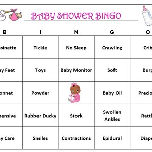 Babyparty Bingo Spiel - Süßes Afroamerikanisches Baby, Feier die besondere werdende Mutter! Herunterladen, drucken und spielen! Enthält 60 Bingo Karten