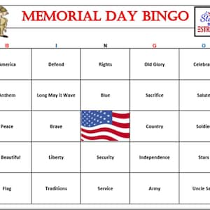 Memorial Day-bingo: leuke patriottische activiteit voor groepsfeest of familiebijeenkomst, seniorencentrum of klasactiviteit. 30 bingokaarten verzonden