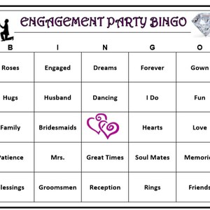 Verlobungsfeier Bingo -Spiel über Liebe und Ehe, Hochzeit unter dem Motto Bingo Wörter -Sehr Spaß! Herunterladen, drucken und spielen! 60 Karten
