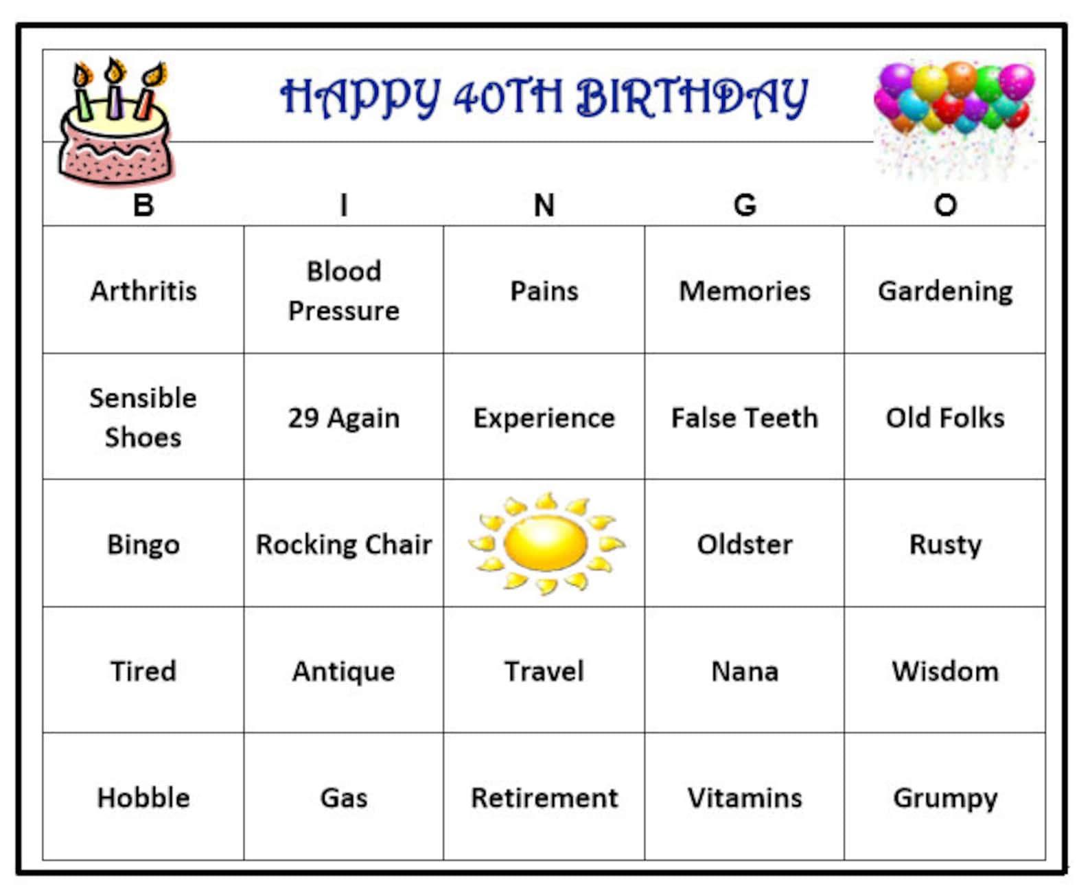 40th Birthday Party Bingo Game 60 Cards Old Age Theme Bingo Etsy UK