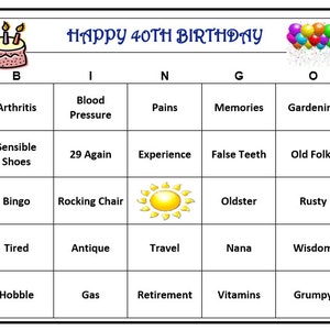 Bingo amusant pour vos 40 ans : célébrez le vieillissement en riant, téléchargez, imprimez et jouez ! 30 cartes uniques