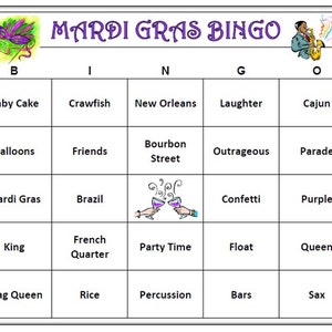 Mardi Gras Bingo: kleurrijk, leuk spel voor je vette dinsdag. Downloadbaar, print en speel! Inclusief 60 unieke kaarten.