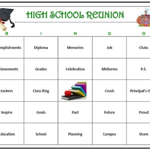 Jogo de Bingo de Reunião de Escola Secundária - Jogo de Mixagem Divertido, Fácil de Jogar! Baixe, Imprima e Jogue! 60 Cartões de Bingo