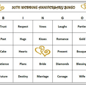 Juego de bingo para la fiesta del 50.° aniversario: celebre el amor y el matrimonio, ¡y disfrute del aniversario de oro! ¡Descárguelo, imprímalo y juegue! Incluye 60 tarjetas