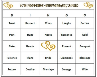 50th  Anniversary Party Bingo Game (30 Cards)  Golden Anniversary and Wedding Themed Bingo Words -Very Fun! Print and Play!