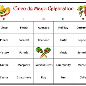 Jeu de bingo dynamique Cinco de Mayo - Fête mexicaine, activité amusante pour célébrer l'héritage mexicain, imprimez et jouez, 60 cartes incluses