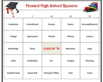 High School Reunion Custom Bingo- Your Words, Your Theme.. Personalize Your Reunion! Very Fun... 30 cards in each set.