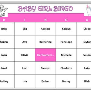 Jeu de bingo avec prénoms de bébé fille - Jeu amusant de révélation de genre, fête de révélation de prénoms de bébé ! Comprend 60 cartes de bingo uniques