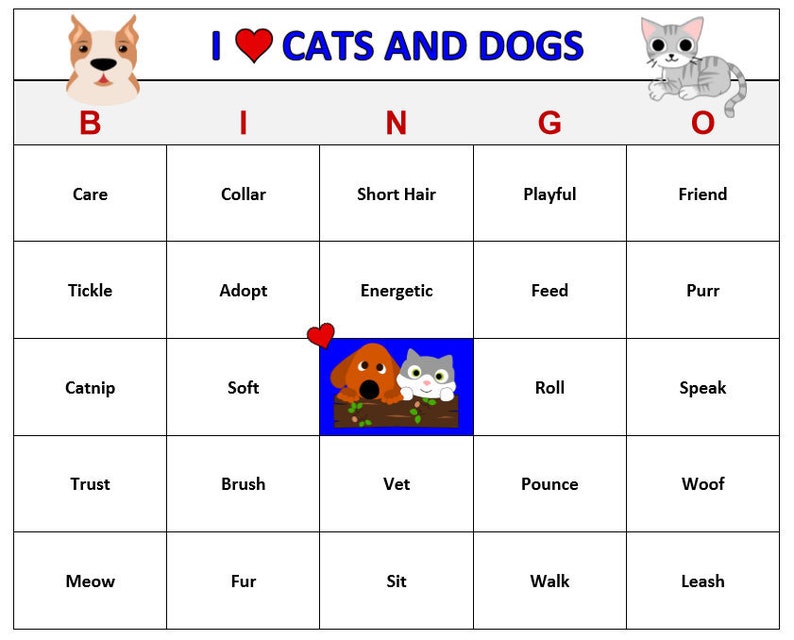 Cats and Dogs Bingo Game 60 Cards Cat and Dog Theme Bingo Etsy