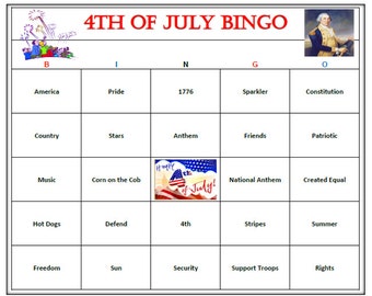 4th of July Bingo Game -Celebrate Independence Day . Perfect Block Party Game. Fun and Easy to Play! 30 Bingo Cards